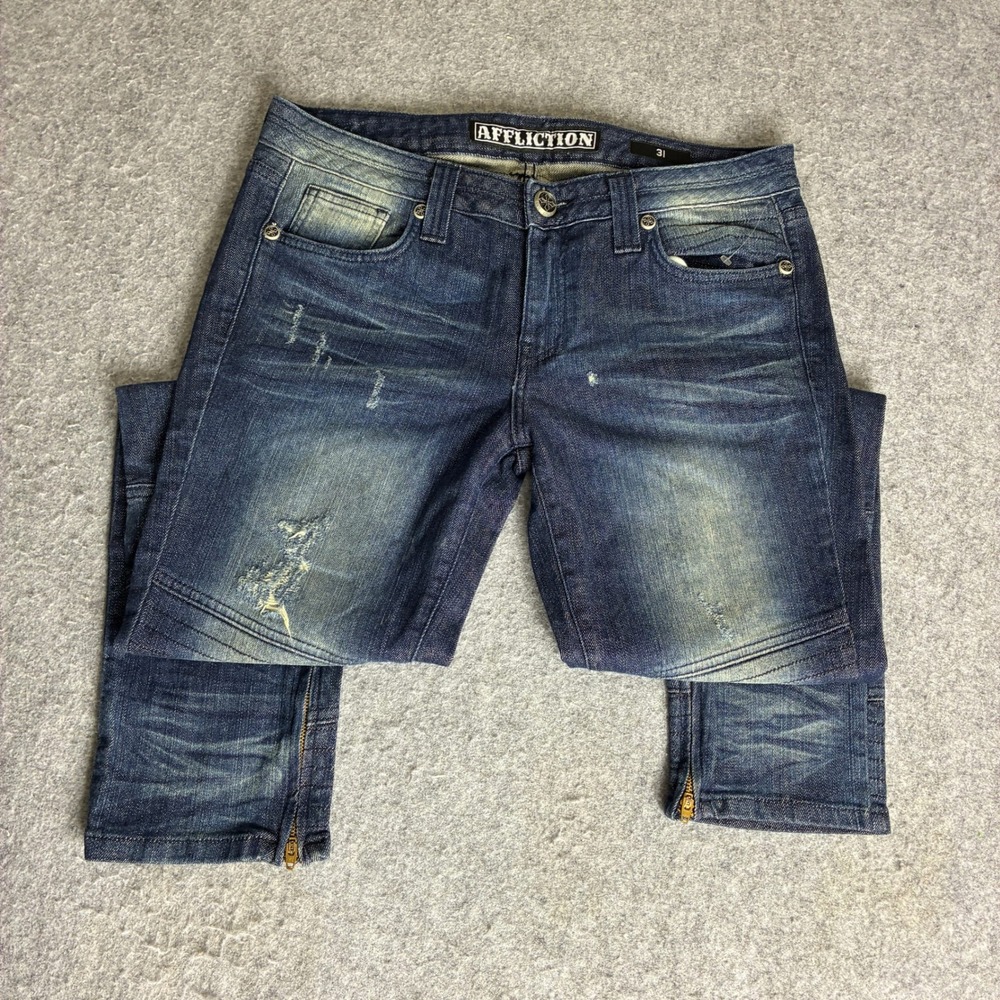 Affliction Mens 33x30 Moto Jeans Blue Distressed Biker Slim Fit Ankle Zip Denim